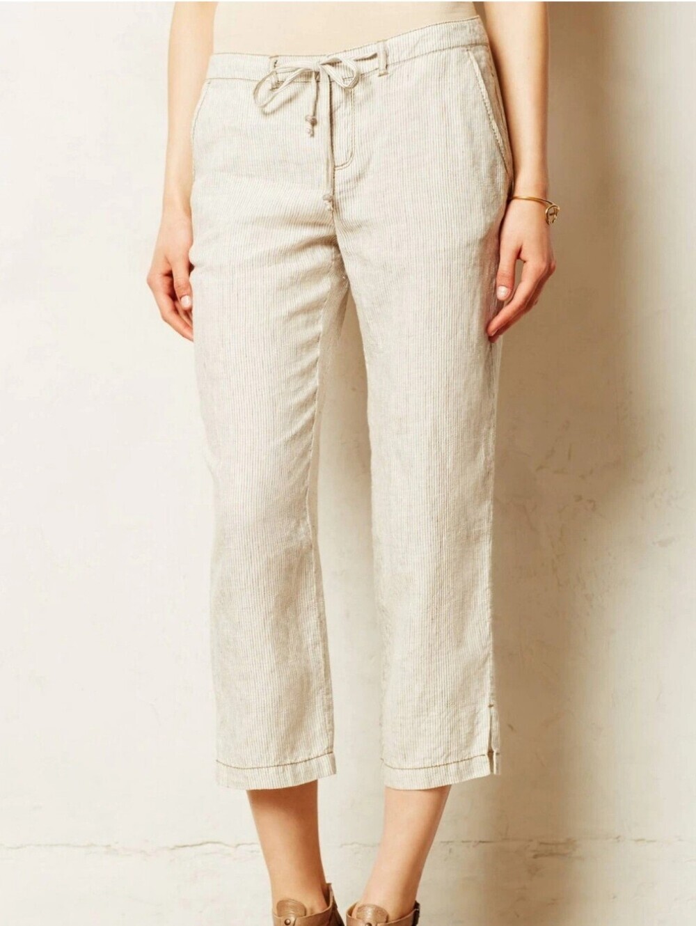 100% Linen Antropologie, Marrakech Cropped Paden Linen Trousers Pants Size 28